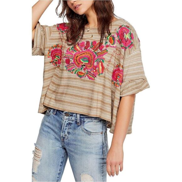 Free People Catalunya Mushroom Floral Embroidered Boxy Oversized Tee XS - Picture 1 of 12